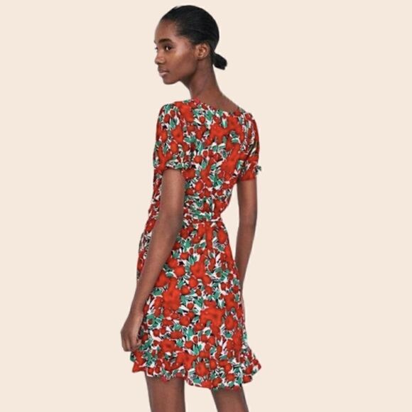 Zara Basic Red Floral Mini Wrap Dress Size XS - Picture 4 of 15